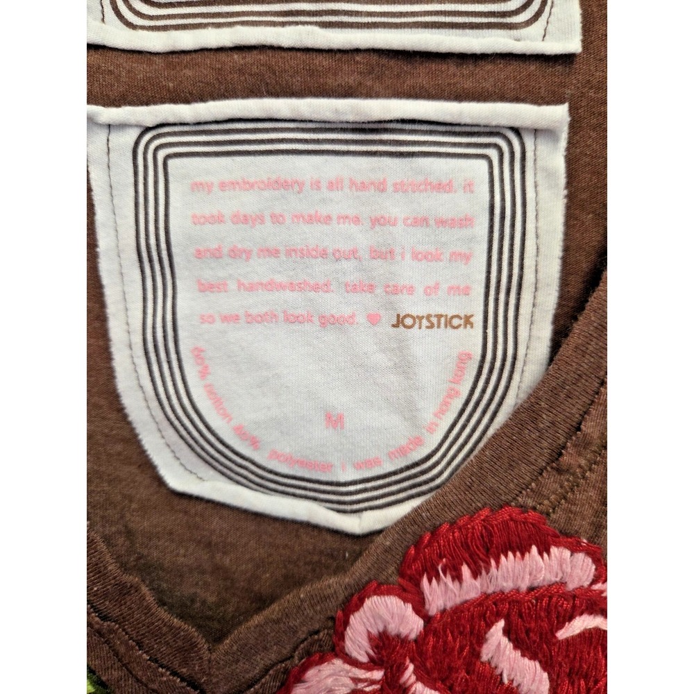 Joystick Johnny Was Roses Floral Hand Embroidered Top Sz M T-shirt Brown Boho - Picture 6 of 13